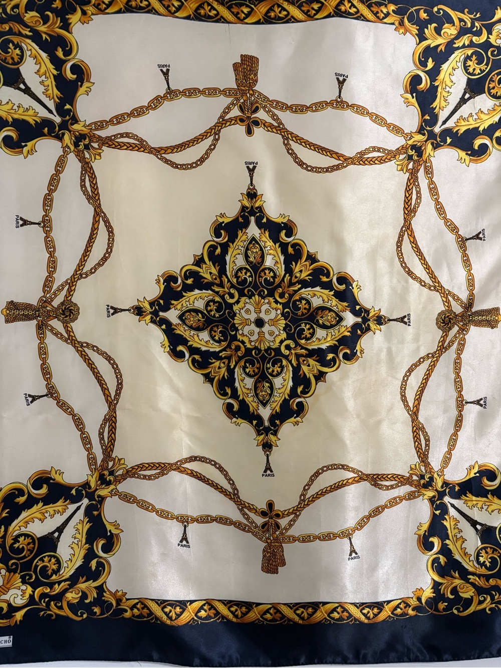 Vintage J. Mico Sancho Paris Oversized Scarf Navy Gold Baroque 34.5”